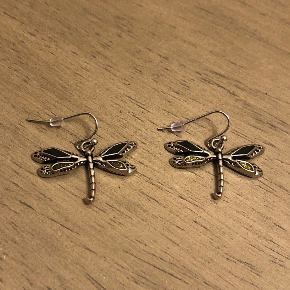 Dragonfly Silver Tone Earrings With Black and Glitter Accents